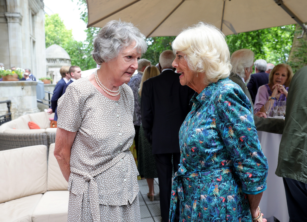 FILE - Camilla, the then-Duchess of Cornwall, right, with Penelope Keith, left, in London, England, July 12, 2022. (Chris Jackson/PA via AP, File)