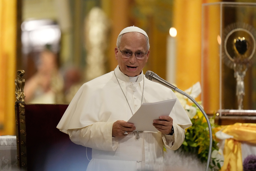 Pope Leo XIV delivers his speech in the "St. Antonio Abate and Francesca Cabrini" church in Sant'Angelo Lodigiano, northern Italy, Saturday, June 20, 2026. (AP Photo/Luca Bruno)