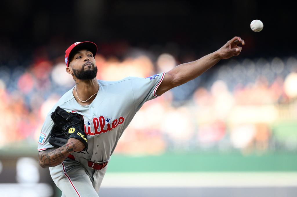Philadelphia Phillies pitcher Cristopher Sanchez throws during the first inning of a baseball game against the Washington Nationals, Thursday, June 25, 2026, in Washington. (AP Photo/Nick Wass)