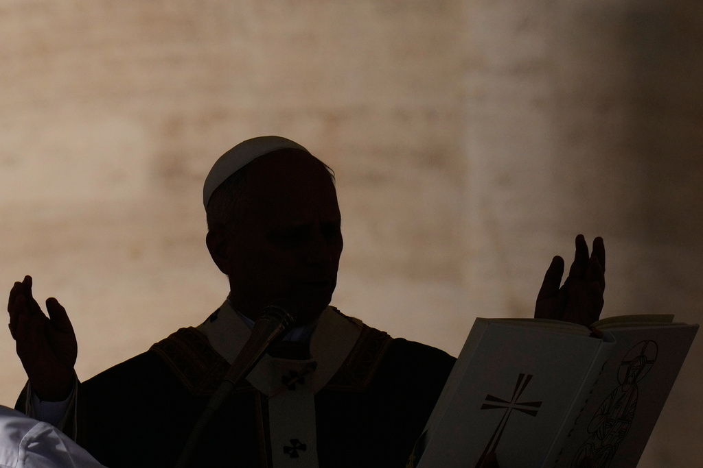 Pope Leo XIV presides over a Mass for the participants in the jubilee of ordained people in St. Peter's Square, at the Vatican, Thursday, Oct. 9, 2025. (AP Photo/Gregorio Borgia)