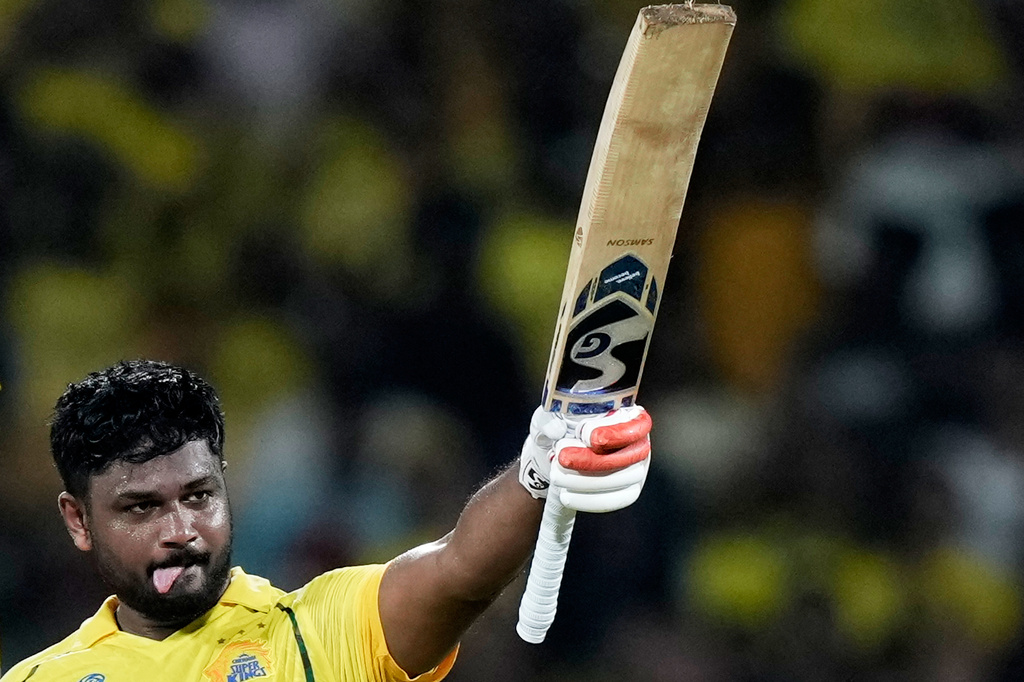 Chennai Super Kings' Sanju Samson celebrates his century during the Indian Premier League cricket match between Chennai Super Kings and Delhi Capitals in Chennai, India, Saturday, April 11, 2026. (AP Photo/Mahesh Kumar A.)