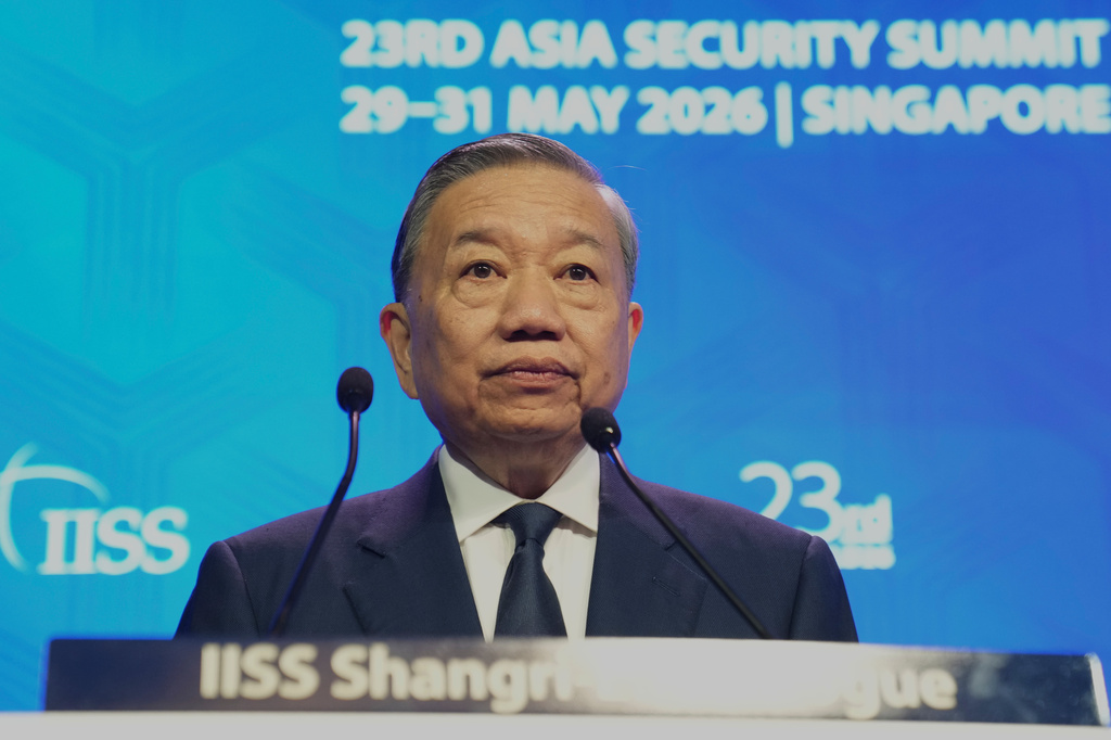 Vietnam's President To Lam delivers his address during the Shangri-La Dialogue, Asia's annual defense and security forum, in Singapore, Friday, May 29, 2026. (AP Photo/Achmad Ibrahim)