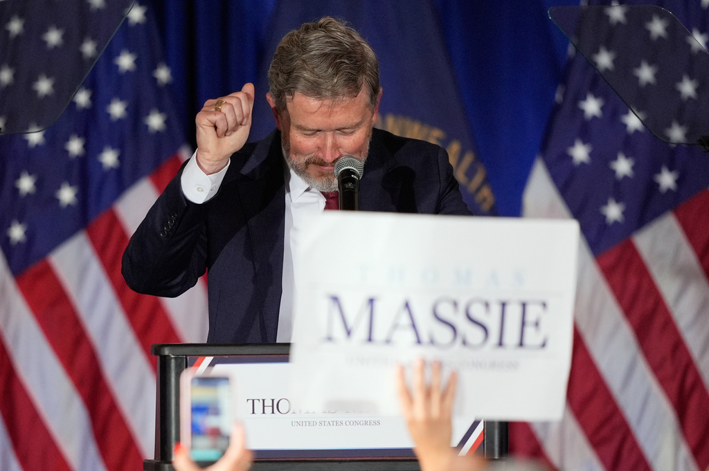 Rep. Thomas Massie, R-Ky., reacts as he speaks during an election night watch party after losing the Republican party's nomination at the Marriott Cincinnati Airport, Tuesday, May 19, 2026, in Hebron, Ky. (AP Photo/Carolyn Kaster)