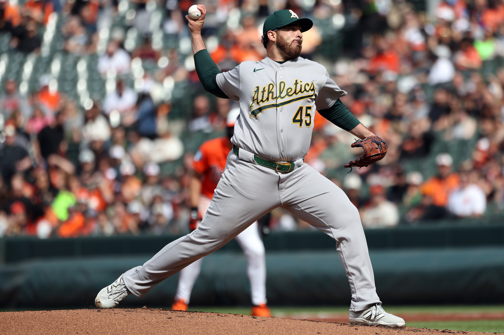 Athletics pitcher Aaron Civale throws during the first inning of a baseball game against the Baltimore Orioles, Saturday, May 9, 2026, in Baltimore. (AP Photo/Daniel Kucin Jr.)