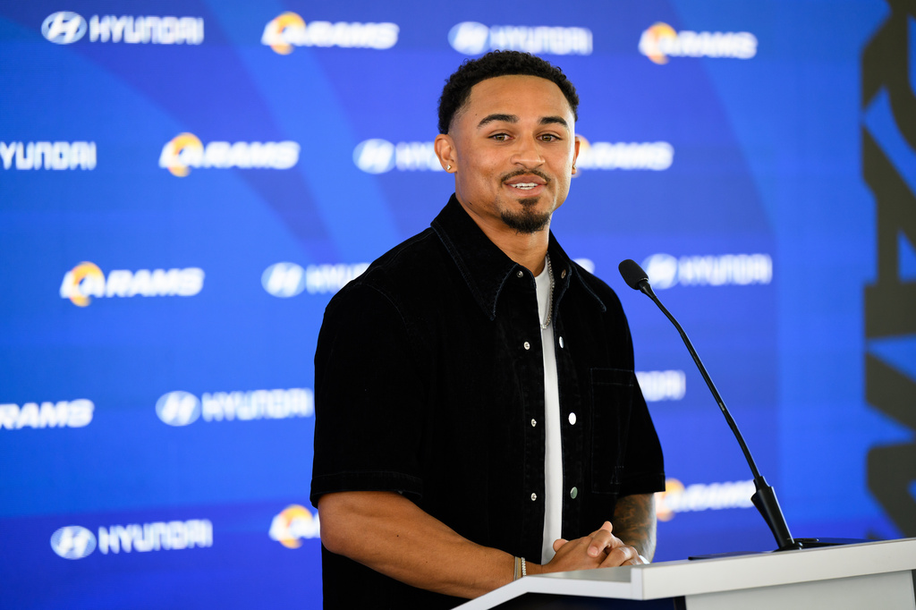 FILE - Los Angeles Rams' new cornerback Trent McDuffie speaks during an NFL football news conference, March 12, 2026, in Los Angeles. (AP Photo/William Liang, File)