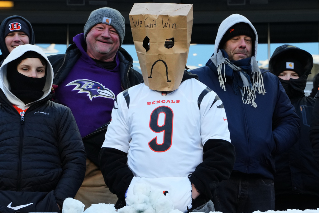 A Cincinnati Bengals fan wears a paper bag over their head after a loss to the Baltimore Ravens in an NFL football game, Sunday, Dec. 14, 2025, in Cincinnati. (AP Photo/Jeff Dean)