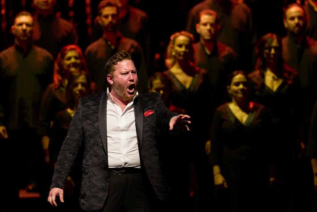 American bass-baritone Nicholas Brownlee performs after receiving the Male Singer award during the International Opera Awards, held at the Greek National Opera, in Athens, Thursday, Nov. 13, 2025. (AP Photo/Petros Giannakouris)