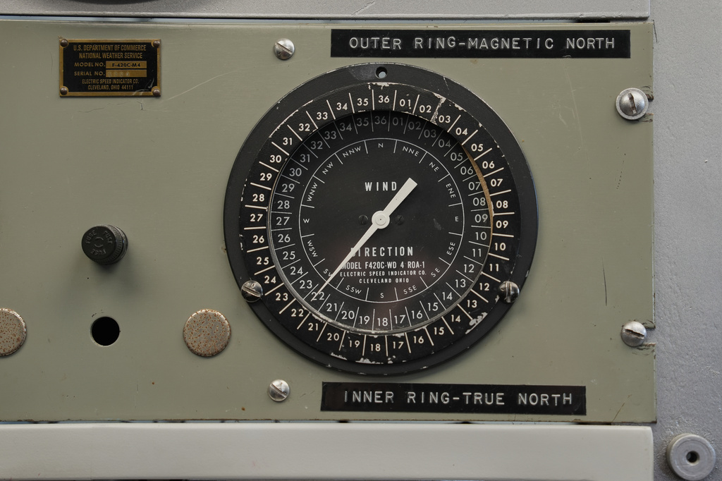 A gauge indicates the wind direction inside the Blue Hill Observatory and Science Center, Friday, March 13, 2026, in Milton, Mass. (Laura Martin Agudelo/MIT Graduate Program in Science Writing via AP)