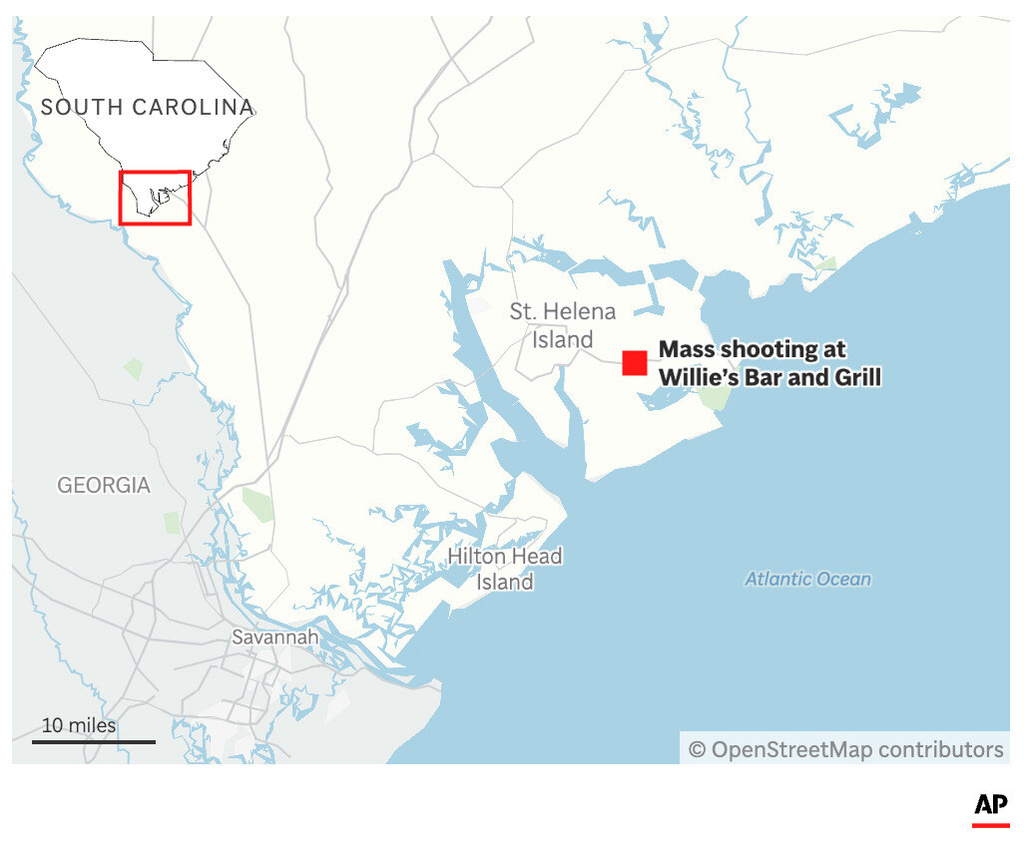The map above locates the site of a mass shooting at a bar and grill in South Carolina. (AP Digital Embed)
