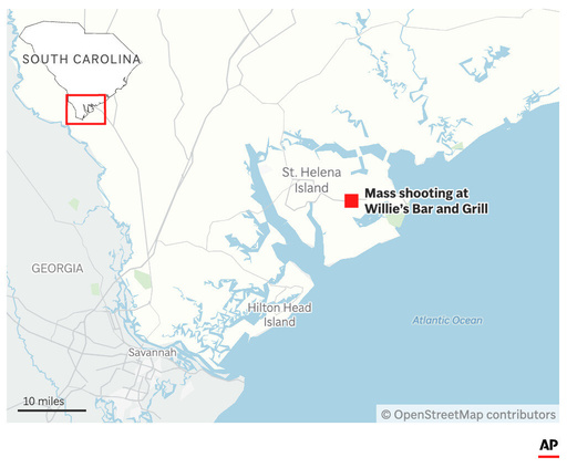 The map above locates the site of a mass shooting at a bar and grill in South Carolina. (AP Digital Embed) The map above locates the site of a mass shooting at a bar and grill in South Carolina. (AP Digital Embed)