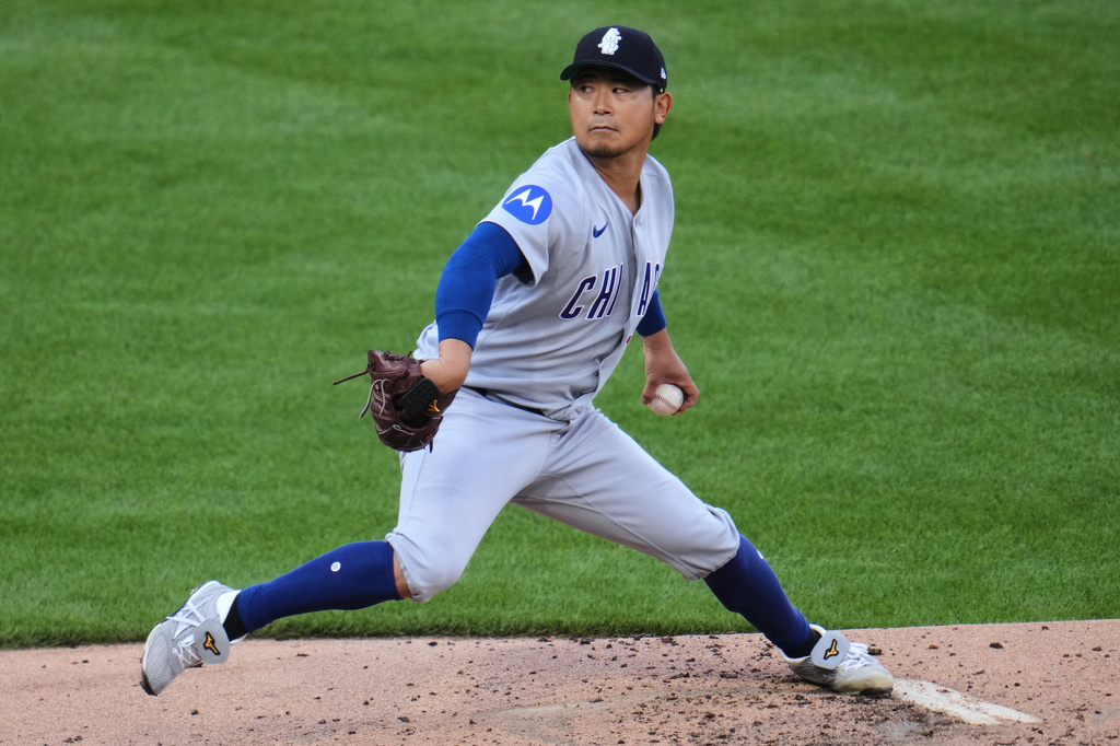 Chicago Cubs pitcher Shota Imanaga delivers during the first inning of a baseball game against the Pittsburgh Pirates in Pittsburgh, Saturday, July 25, 2026. (AP Photo/Gene J. Puskar)
