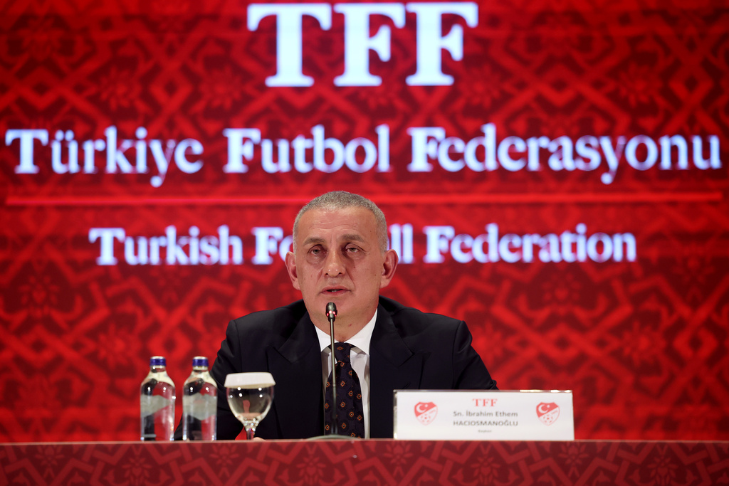 Turkish Football Federation president Ibrahim Haciosmanoglu talks during a news conference, in Istanbul, Turkey, Monday, Oct. 27, 2025. (Samet Yalcin/Dia Photo via AP)