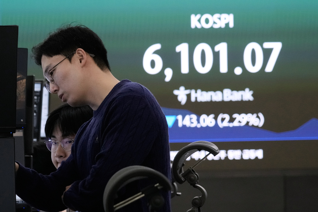 Currency traders watch monitors near a screen showing the Korea Composite Stock Price Index (KOSPI) at the foreign exchange dealing room of the Hana Bank headquarters in Seoul, South Korea, Tuesday, March 3, 2026. (AP Photo/Ahn Young-joon)