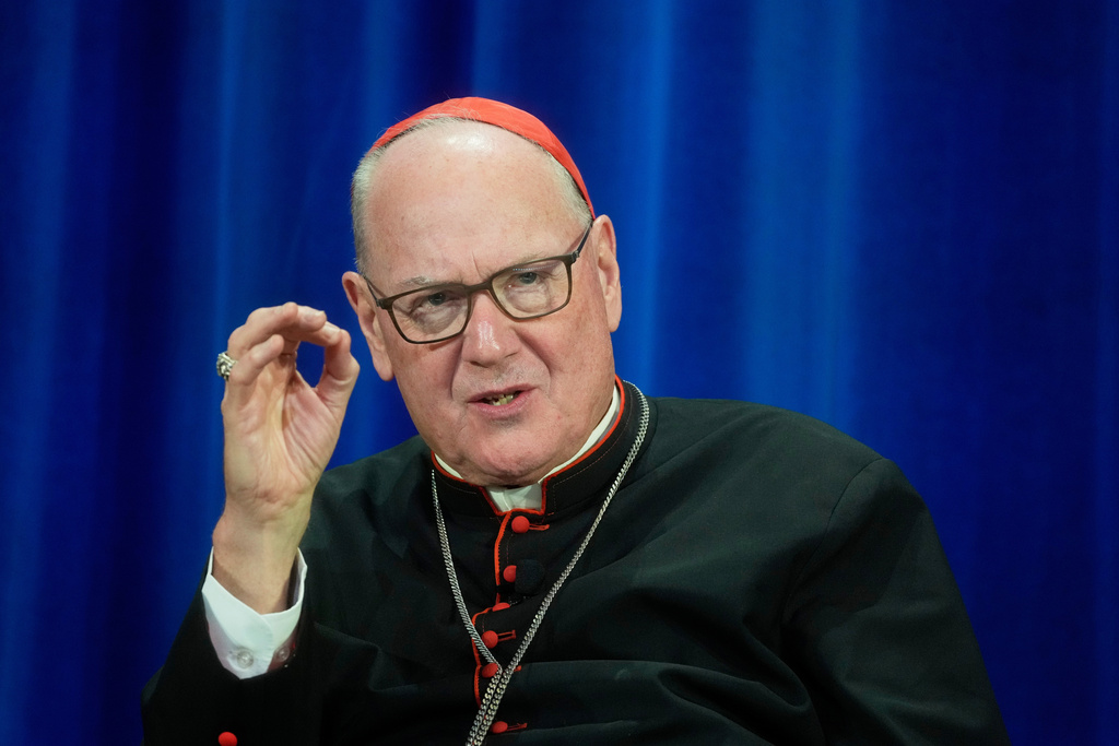 FILE - Cardinal Timothy Dolan of NY attends a press conference at the North American College in Rome, May 9, 2025. (AP Photo/Gregorio Borgia, File)