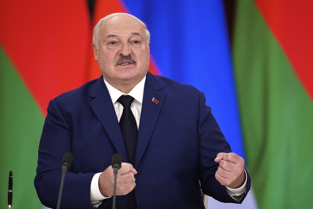 FILE - Belarusian President Alexander Lukashenko gestures during a joint news conference with Russian President Vladimir Putin following their talks at the Grand Kremlin Palace in Moscow, March 13, 2025. (AP Photo/Alexander Zemlianichenko, File)