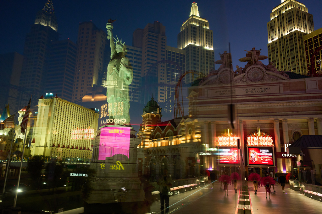 A replica of the Statue of Liberty stands at the New York-New York hotel and Casino on Las Vegas Strip, Wednesday, June 3, 2026, in Las Vegas. (AP Photo/John Locher)