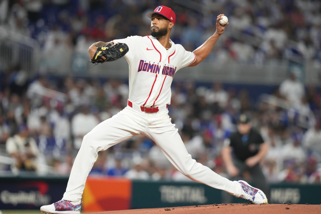 Dominican Republic pitcher Cristopher Sánchez throws during the first inning of a World Baseball Classic game against Nicaragua, Friday, March 6, 2026, in Miami. (AP Photo/Lynne Sladky)