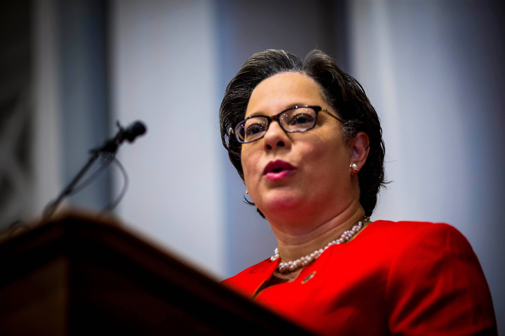 FILE - State Sen. Jennifer McClellan, D-Hanover, speaks at The Call for Action on Gun Safety, Jan. 13, 2023, in Richmond, Va. (AP Photo/John C. Clark, File)
