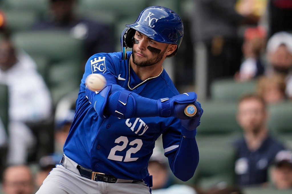 Kansas City Royals' Carter Jensen (22) takes a strike against the Atlanta Braves in the second inning of a baseball game, Sunday, March 29, 2026, in Atlanta. (AP Photo/Mike Stewart)