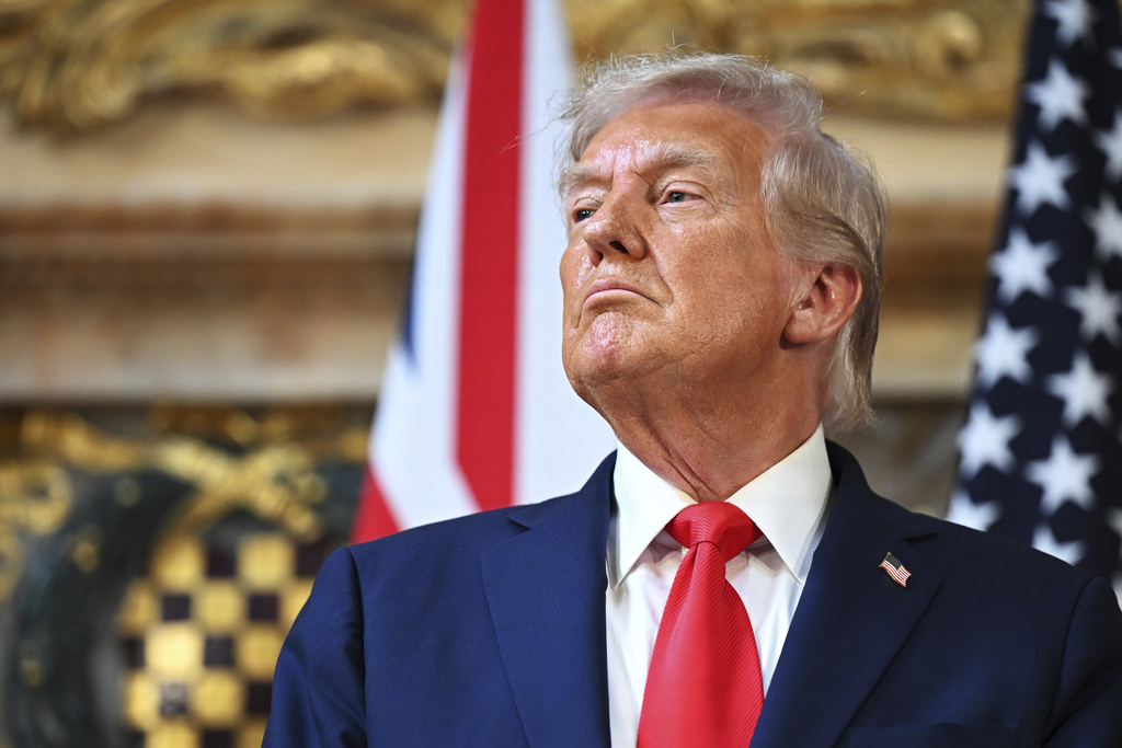 President Donald Trump attends a joint press conference with Britain's Prime Minister Keir Starmer at Chequers near Aylesbury, England, Thursday, Sept. 18, 2025. (Leon Neal, Pool via AP)