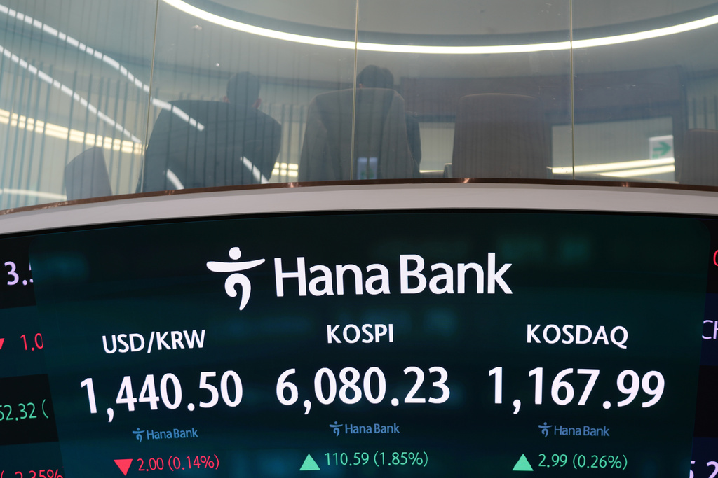 People sit on the chairs near the screens showing the Korea Composite Stock Price Index (KOSPI), center, the foreign exchange rate between U.S. dollar and South Korean won, left, and the Korean Securities Dealers Automated Quotations (KOSDAQ) at a dealing room of Hana Bank in Seoul, South Korea, Wednesday, Feb. 25, 2026. (AP Photo/Lee Jin-man)
