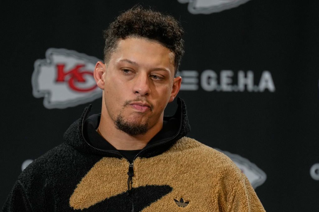 Kansas City Chiefs quarterback Patrick Mahomes speaks during a news conference following an NFL football game against the Houston Texans Sunday, Dec. 7, 2025, in Kansas City, Mo. (AP Photo/Charlie Riedel)