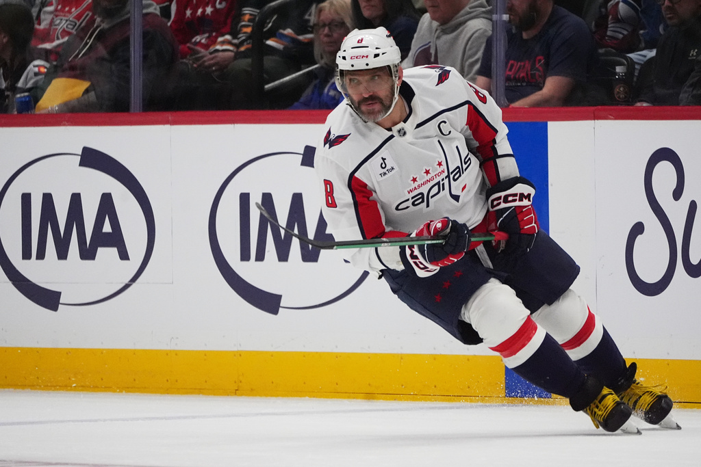 Washington Capitals left wing Alex Ovechkin (8) in the second period of an NHL hockey game Monday, Jan. 19, 2026, in Denver. (AP Photo/David Zalubowski)