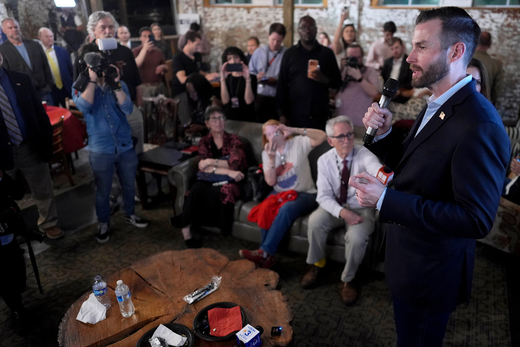 Republican Clay Fuller speaks to supporters after learning he would advance to a runoff election during an election night watch party, Tuesday, March 10, 2026, in Rome, Ga. (AP Photo/Mike Stewart)