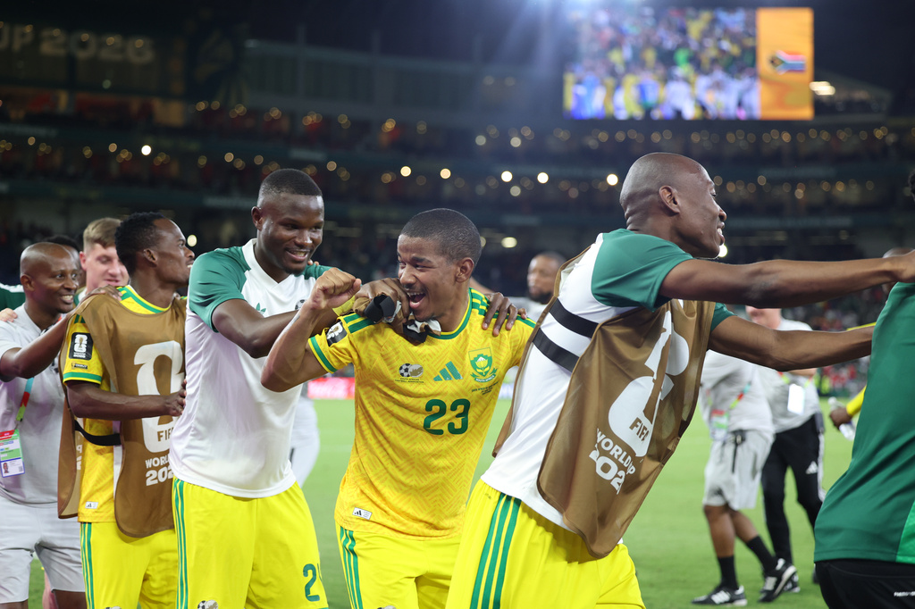 South Africa's Jayden Adams (23) dances with his teammates after a 1-0 win in the World Cup Group A soccer match between South Africa and South Korea in Guadalupe, near Monterrey, Mexico, Wednesday, June 24, 2026. (AP Photo/Sofia Yaker)