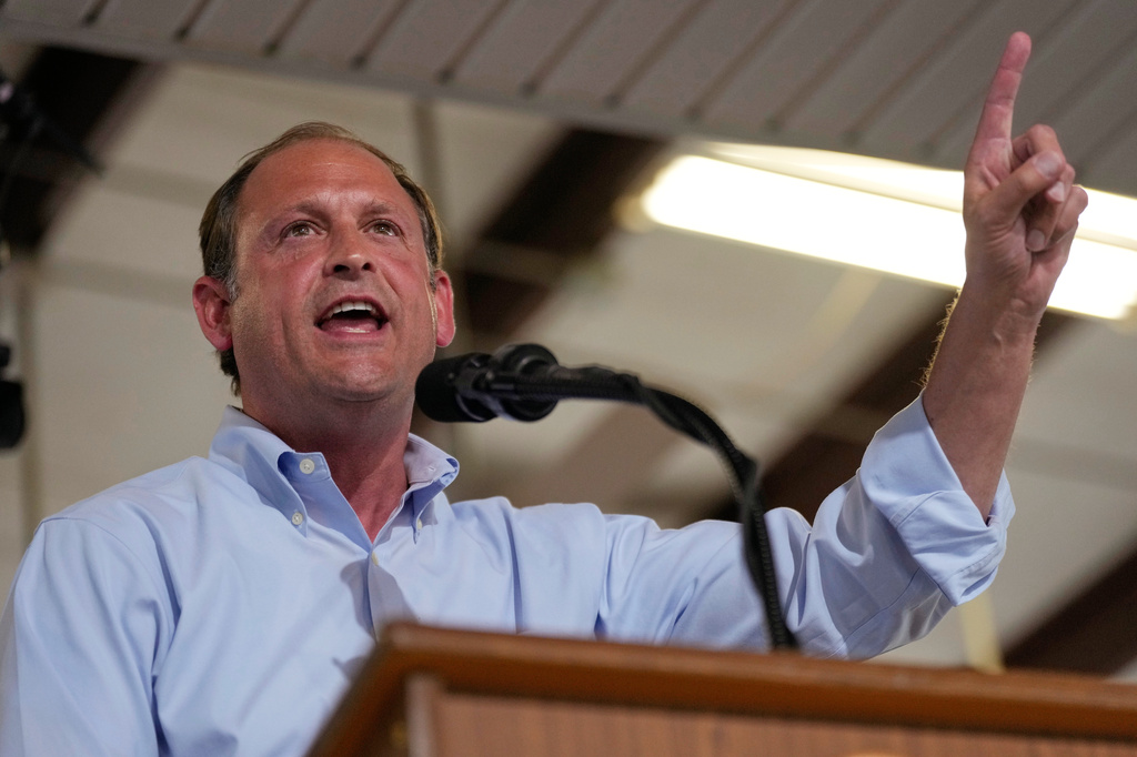 FILE - Rep. Andy Barr, R-Ky., speaks at the annual Fancy Farm picnic Aug. 2, 2025, in Fancy Farm, Ky. (AP Photo/Mark Humphrey, File)