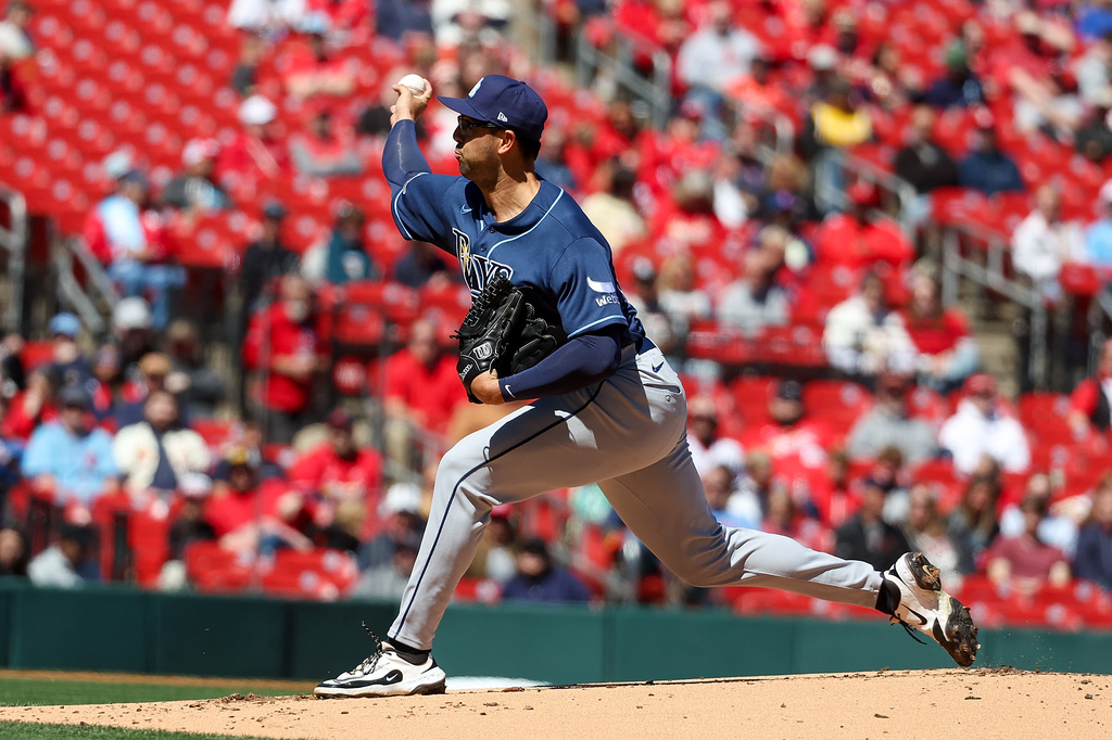 Tampa Bay Rays pitcher Joe Boyle (36) throws during the first inning against the St. Louis Cardinals Saturday, March 28, 2026, in St. Louis. (AP Photo/Scott Kane)
