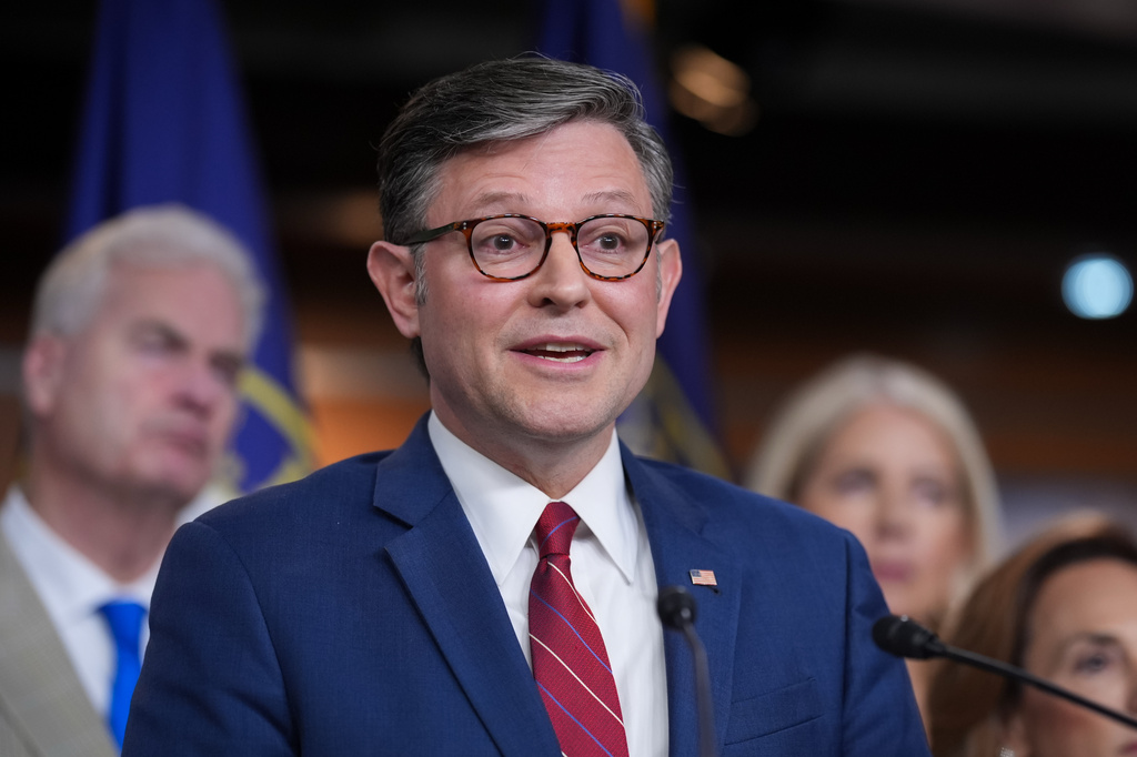 Speaker of the House Mike Johnson, R-La., joined by GOP leaders, talks to reporters at the Capitol in Washington, Wednesday, June 3, 2026. (AP Photo/J. Scott Applewhite)