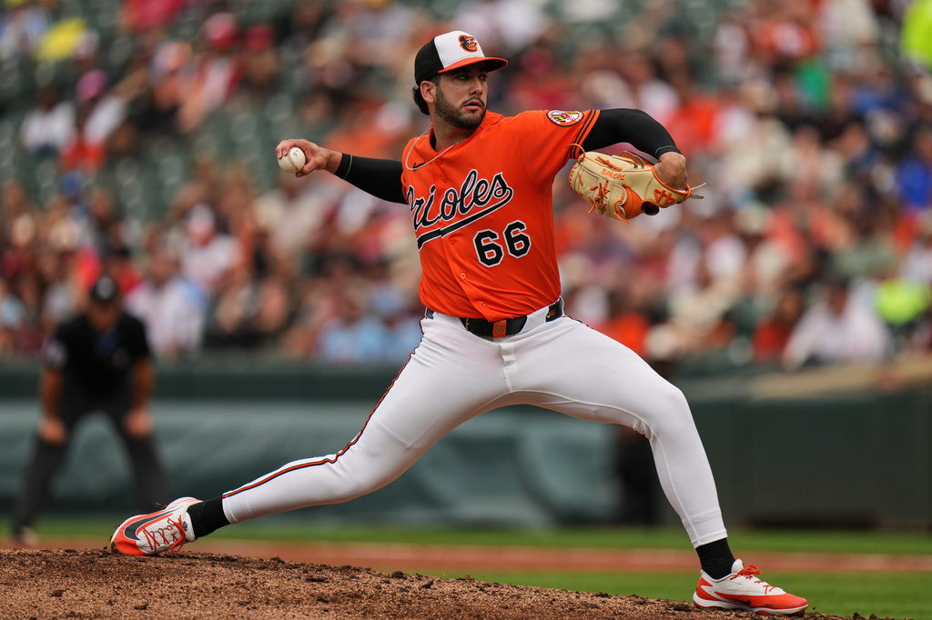 Baltimore Orioles pitcher Anthony Nunez (66) delivers during the fourth inning of a baseball game against the Philadelphia Phillies, Sunday, Aug. 2, 2026, in Baltimore. (AP Photo/Stephanie Scarbrough)