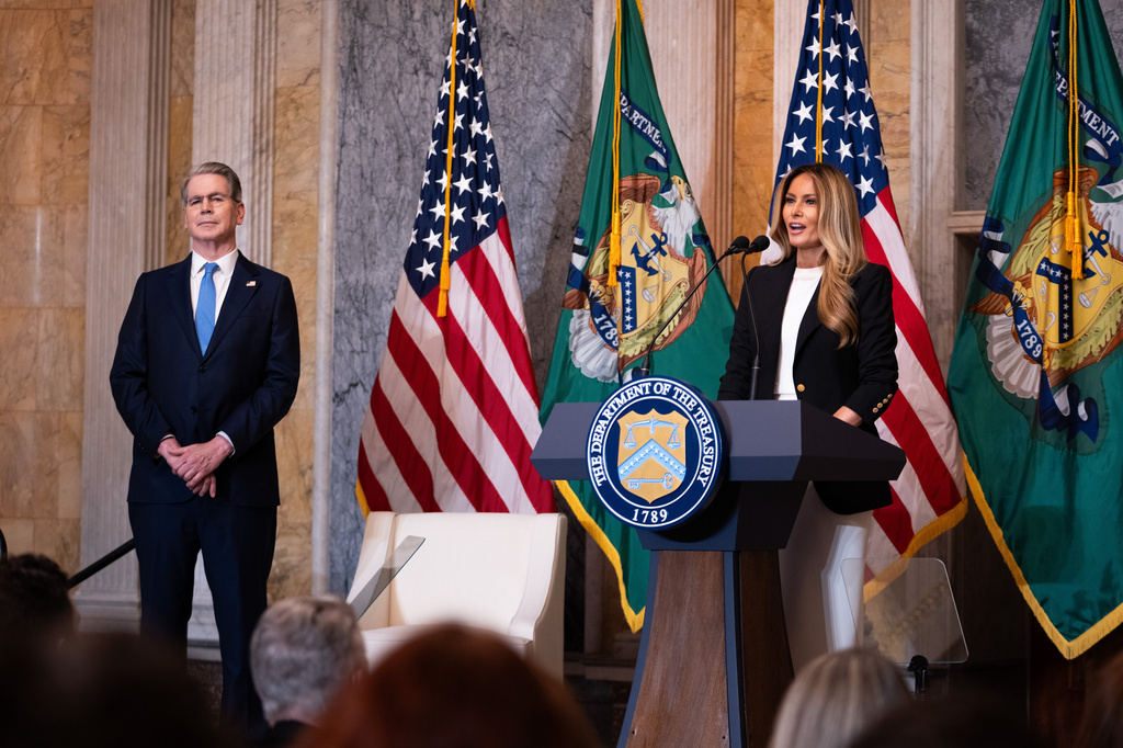 First lady Melania Trump and Treasury Secretary Scott Bessent speak about Trump Accounts for children in foster care at the Department of Treasury, Thursday, June 11, 2026, in Washington. (AP Photo/Allison Robbert)