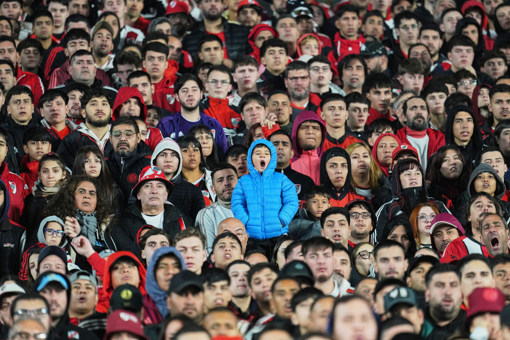 River Plate fans watch an Argentine soccer league match against San Lorenzo in Buenos Aires, Argentina, Sunday, May 10, 2026. (AP Photo/Rodrigo Abd)