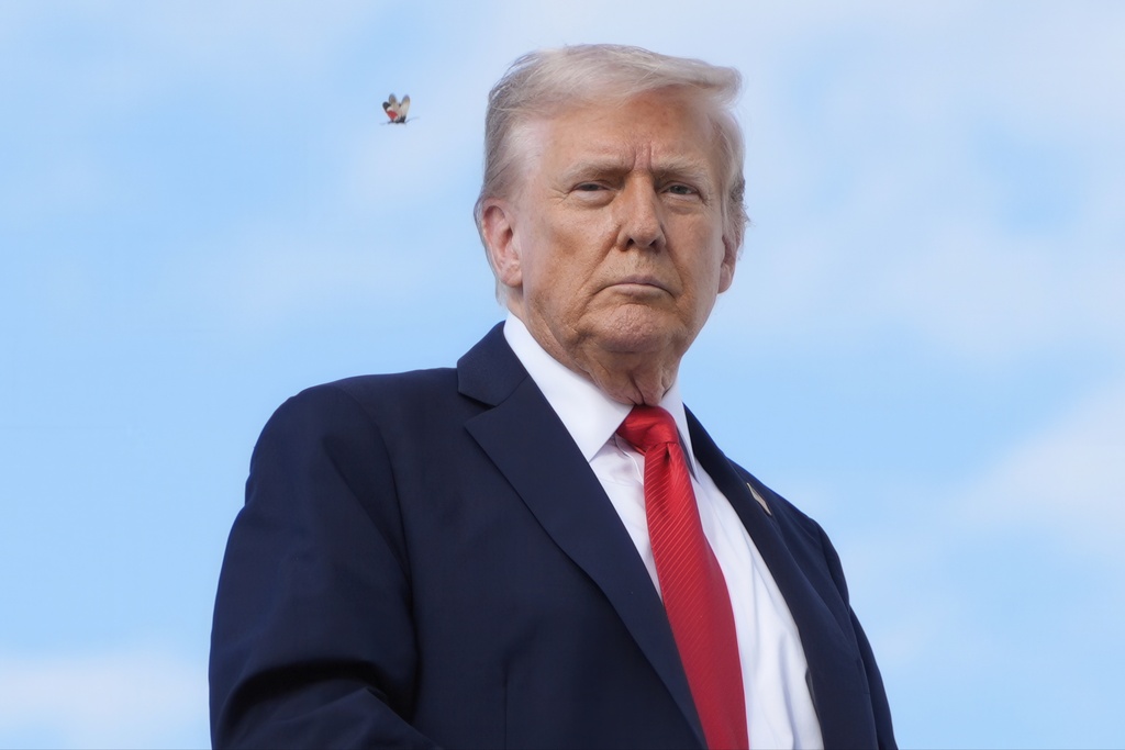 A spotted lanternfly flies past President Donald Trump as he boards Air Force One, Thursday, Sept. 11, 2025, at Joint Base Andrews, Md., to travel to New York. (AP Photo/Alex Brandon)