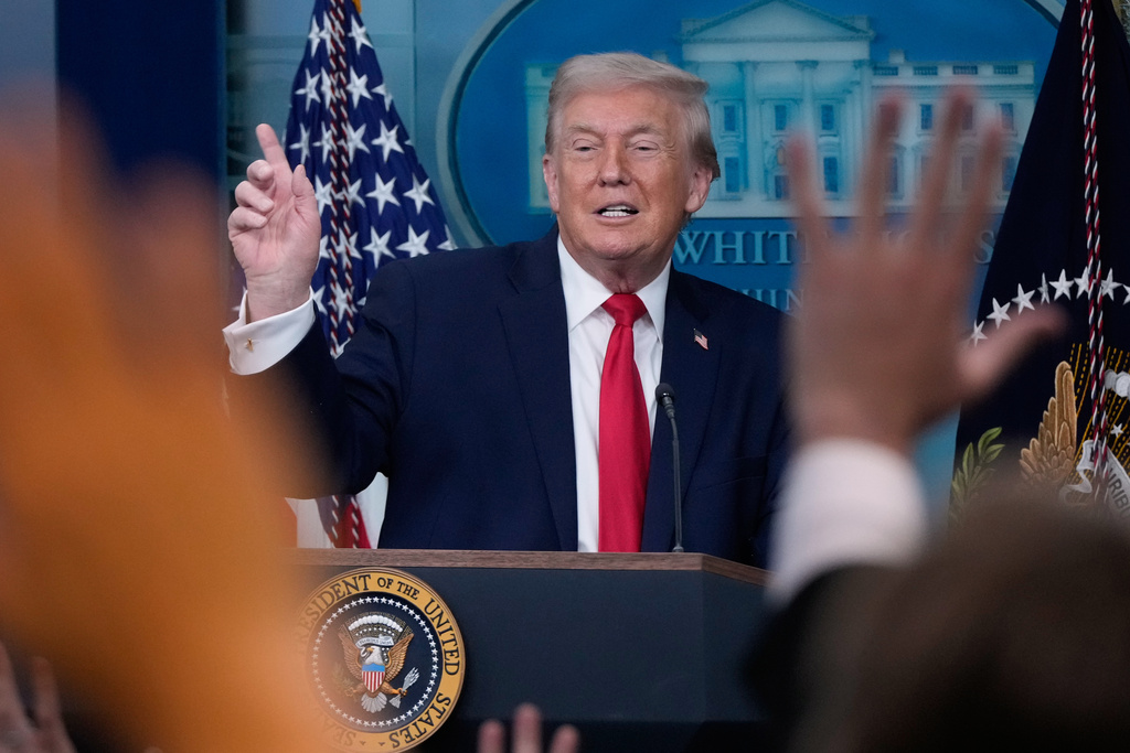 President Donald Trump speaks during a press briefing at the White House in Washington, Tuesday, Jan. 20, 2026. (AP Photo/Julia Demaree Nikhinson)