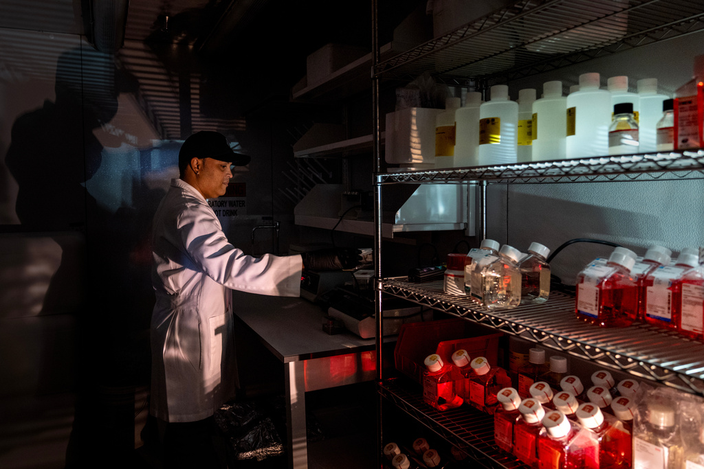 Staff scientist Carmelo Carmona-Rivera poses for a portrait while working with antibodies used in autoimmunity research inside a cold room in the lab where he works at the National Institutes of Health, Monday, Aug. 25, 2025, in Bethesda, Md. "For me, I love helping people. In this lab, whatever I do can be translated to the patients. I really want to make a difference in how those patients are suffering. The key ingredient is passion. As long as you have passion, you will be able to persist to achieve your goal. In this lab we are applying so many groundbreaking techniques. I feel proud to be part of this." (AP Photo/David Goldman)