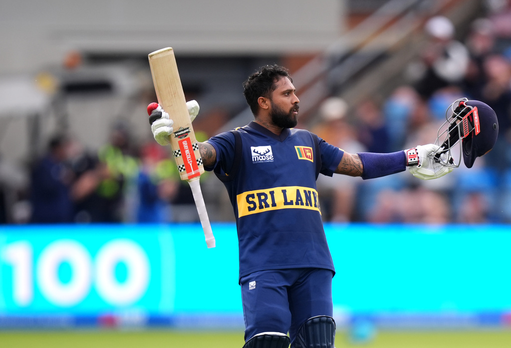 Sri Lanka's Kusal Mendis celebrates a century during the second one day international cricket match between England and Sri Lanka in Leeds, England, Thursday Sept. 24, 2026. (Mike Egerton/PA via AP)