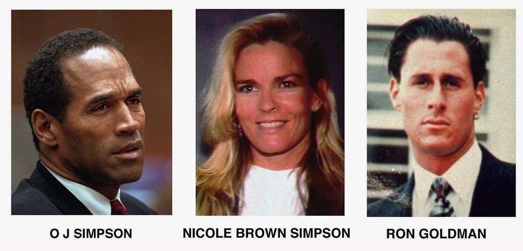 FILE- This combo shows O. J. Simpson, left, and murder victims Nicole Brown Simpson, centre, and Ron Goldman, both of whom were murdered on June 12, 1994. O.J Simpson was aquitted of their murder, but will face a civil suit which has been brought by the victims' families and is scheduled to begin Tuesday, Sept. 17. (AP Photo/File)