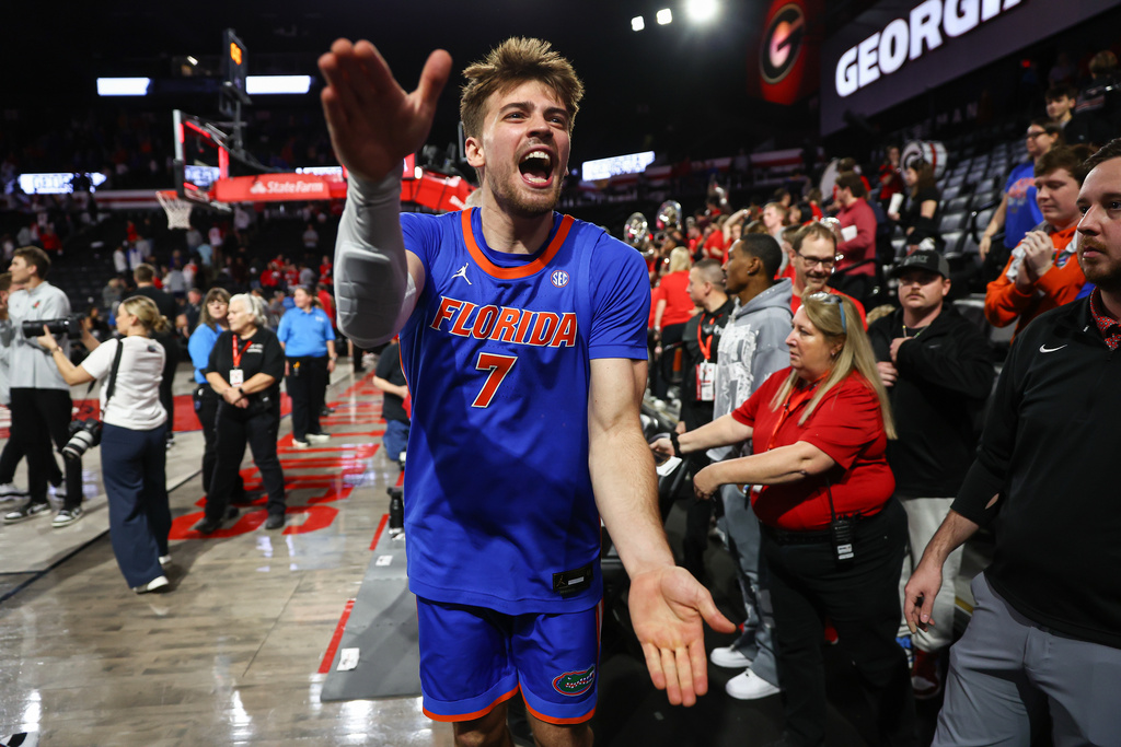 Florida guard Urban Klavzar (7) reacts after an NCAA college basketball game against Georgia, Wednesday, Feb. 11, 2026, in Athens, Ga. (AP Photo/Colin Hubbard)