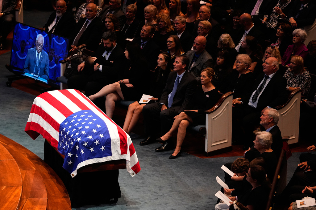 The casket of the late Sen. Lindsey Graham, R-S.C., sits at the front of First Baptist Church in Columbia, S.C., during a funeral service, Wednesday, July 29, 2026. (AP Photo/Gerald Herbert)