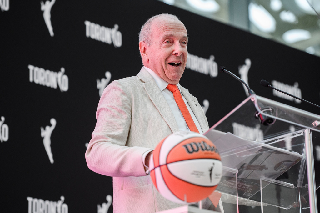 FILE - Larry Tanenbaum of Kilmer Sports Ventures gives remarks during a news conference announcing the city's WNBA franchise, May 23, 2024, in Toronto. (Christopher Katsarov/The Canadian Press via AP, File)