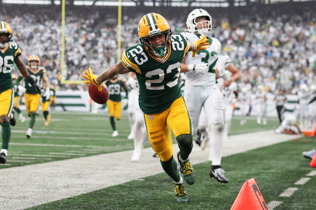 Green Bay Packers wide receiver Skyy Moore (23) reacts during an NFL football game against the New York Jets in East Rutherford, N.J., Sunday, Sept. 20, 2026. (AP Photo/Adam Hunger)