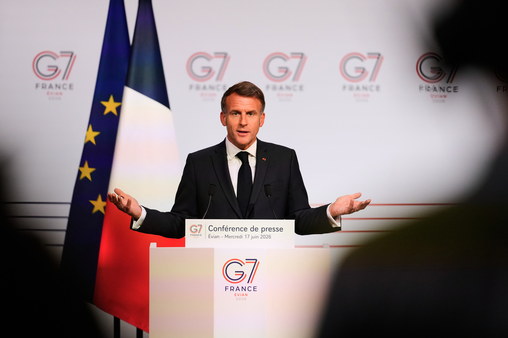 French President Emmanuel Macron speaks during a media conference at the end of the G7 summit in Evian-les-Bains, France, Wednesday, June 17, 2026. (AP Photo/Vadim Ghirda)