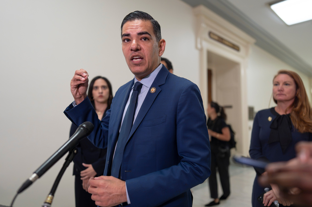 Rep. Robert Garcia, D-Calif., the ranking member of the House Oversight Committee, speaks to reporters about witness Leon Black, a billionaire who was close with Jeffrey Epstein, at the Capitol in Washington, Friday, June 26, 2026. (AP Photo/J. Scott Applewhite)