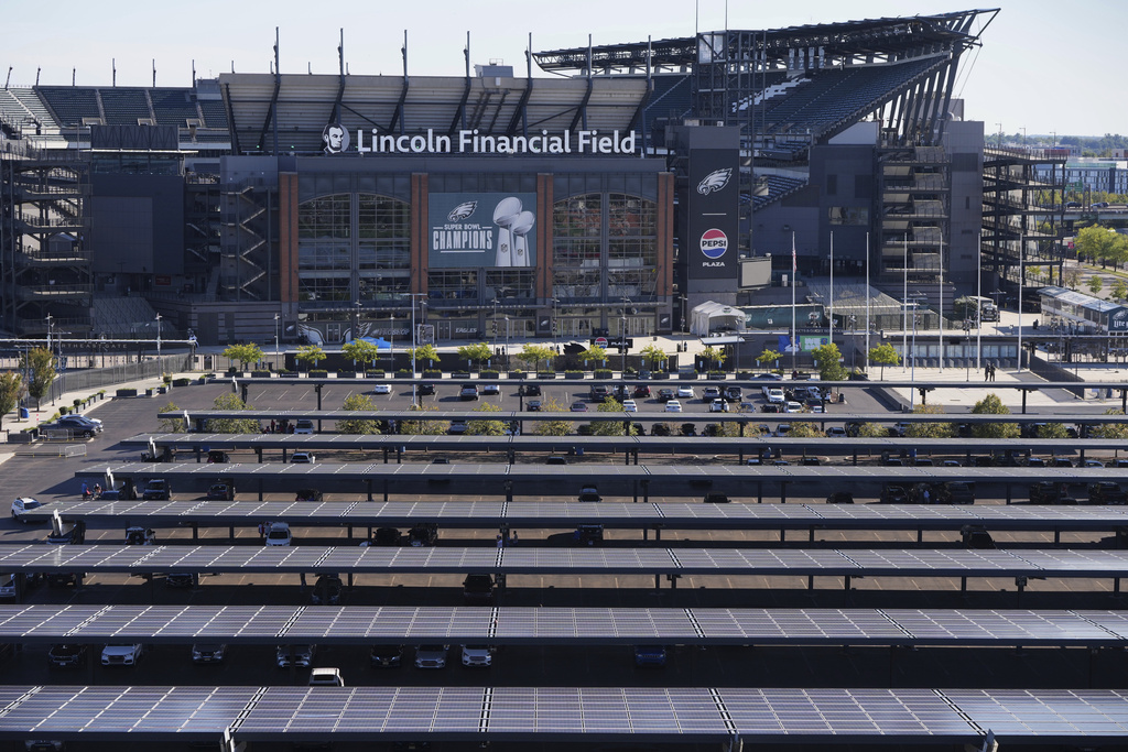 Solar panels are visible outside of Lincoln Financial Field on Monday, Sept. 8, 2025, in Philadelphia. (AP Photo/Matt Slocum)