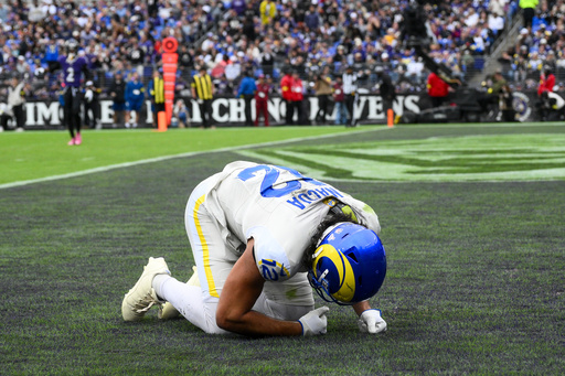 Los Angeles Rams wide receiver Puka Nacua reacts after a play against the Baltimore Ravens during the first half of an NFL football game Sunday, Oct. 12, 2025, in Baltimore. (AP Photo/Nick Wass) Los Angeles Rams wide receiver Puka Nacua reacts after a play against the Baltimore Ravens during the first half of an NFL football game Sunday, Oct. 12, 2025, in Baltimore. (AP Photo/Nick Wass)
