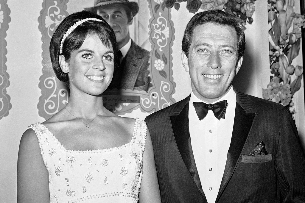 FILE - Claudine Longet, left, and Andy Williams appear at the premiere of "My Fair Lady" in Los Angeles on Oct. 28, 1964. (AP Photo/Harold Matosian, File)