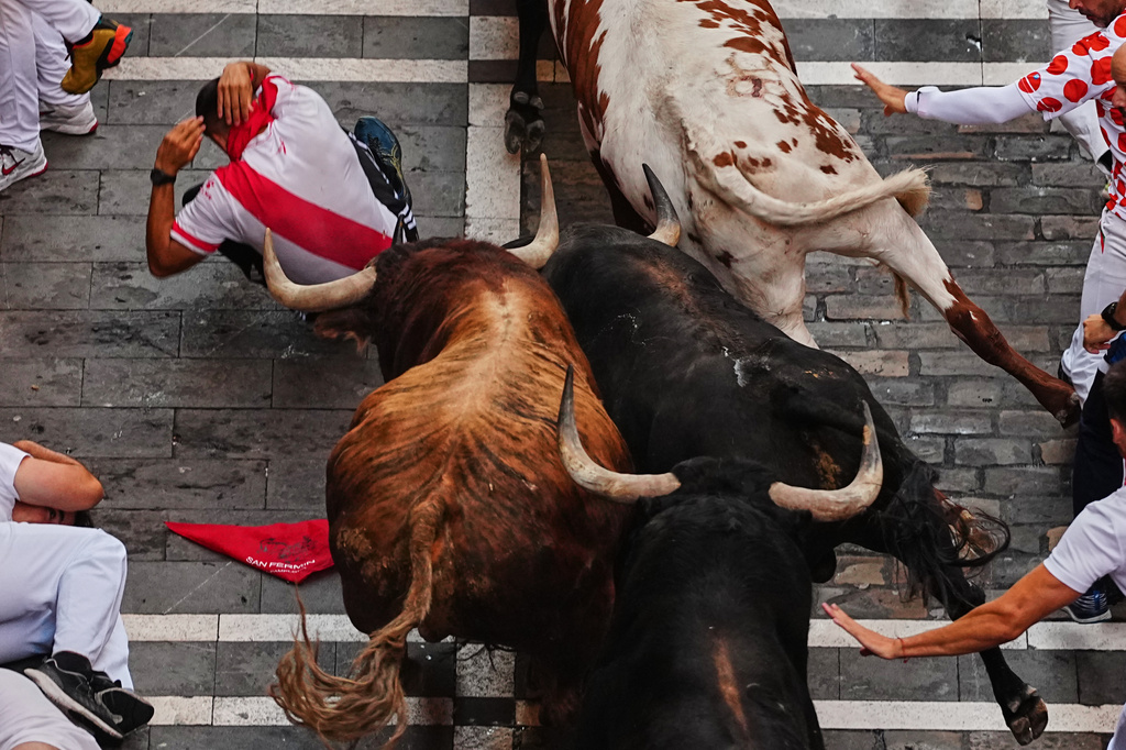 A reveler falls in front of Victoriano del Río's fighting bulls during the third running of the bulls at the San Fermín festival in Pamplona, Spain, Thursday, July 9, 2026. (AP Photo/Miguel Oses)